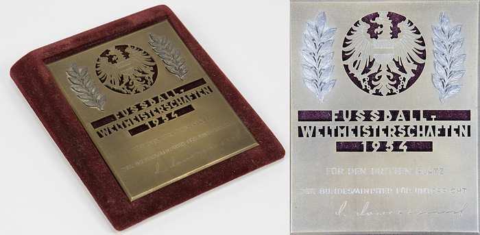 Offizielle Ehrenplakette für die Spieler der Nationalmannschaft von Österreich die bei der Fußball - Weltmeisterschaft 1954 den 3.Platz belegten. Mit gestanzter Inschrift "Fussball - Weltmeisterschaft 1954" und der Gravur "Für den Dritten Platz. Der Bundesminister für Unterricht". Bronze mit zwei aufgesetzten versilberten Lorbeerblättern, 11,3x9 cm. Dabei original Präsentationstableau mit Samtbezug für diese für diese Plakette.