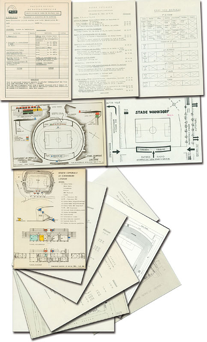 Original Radio und TV Pläne des SSR (Societe Suisse Radio) für die Stadien der Fußball - Weltmeisterschaft 1954 in der Schweiz. 6 verschiedene Stadionpläne und 6 Telefon- und Adresslisten. Je 30x20 cm.
