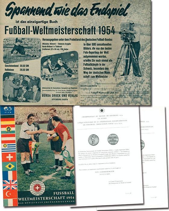 Vier Werbeprospekte zur Fußball - Weltmeisterschaft 1954: 1) Zwei Prospekte in französischer Sprache für die offizielle Erinnerungsmedaille des World Cups 1954, doppelseitig bedruckt, 30x20 cm. 2) Doppelseitig bedruckter Werbeprospekt für das "Offizielle Erinnerungswerk" von Gerhard Bahr. 30x20 cm. 3) 4 seitiger Werbeprospekt für das "Offizielle Erinnerungswerk" von Gerhard Bahr. 30x20 cm.