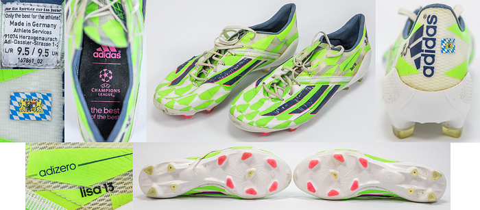 Original match worn Fußballschuhe vom Fußball - Weltmeister 2014 und mehrfachen deutschen Meister mit Bayern München Thomas Müller. Aididas adizero F50. Größe 9,5. Handgemacht für Thomas Müller vom adidas "Athlet service".  Mit der seitlichen Aufschrift auf beiden Schuhen "lisa 13" und dem bayerischen Wappen. Handschrifltiche Größenangabe auf den Seitenteilen der Schuhe "9,5". Schuhe mit straken Spielspuren. Ca. 2014/2015. Status:ABB.