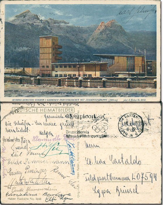 (1909-1976) Originalunterschrift auf vom österreichischen Goldmedaillen-Gewinner bei den Olympischen Spielen 1932 Lake Placid und 1936 Garmisch-Partenkirchen (Eiskunstlauf) Karl Schäfer auf der Vorderseite einer Postkarte aus Garmisch-Partenkrichen. Auf der Rückseite sind 16 original Signaturen von Eiskunstläufern der "Karl Schäfer - Eisrevue", darunter die Silbermedaillengewinnerin von Garmisch 1936 Ilse Pausin (1919-1999) und der EM-Dritten Emmy Putzinger (1921-2001; 1937 + 1938 EM-Bronze). Karte abgestempelt am 12.2. 1943 "Feldpost". 14x9,5 cm.