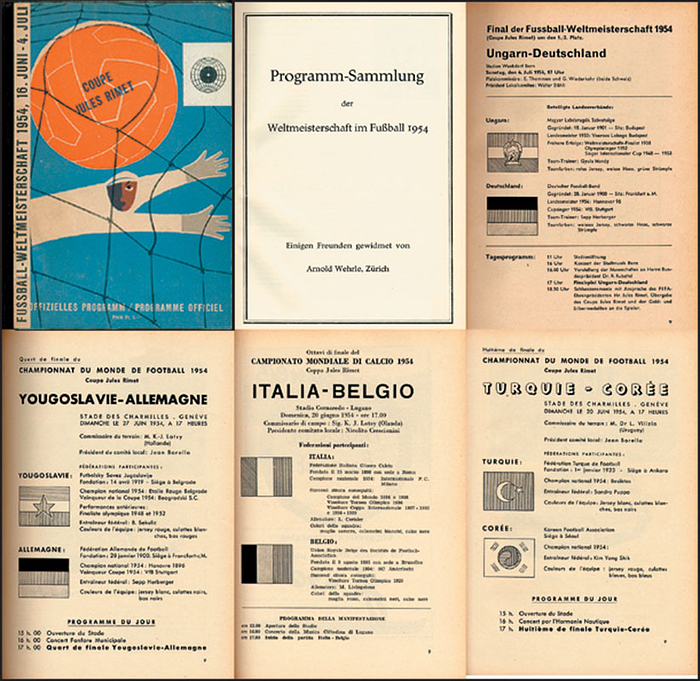 Programm-Sammlung der Weltmeisterschaft im Fußball 1954. Einigen Freunden gewidmet von Arnold Wehrle, Zürich. Alle 26 Programmhefte der Fußball-Weltmeisterschaft in einem Buch gebunden.