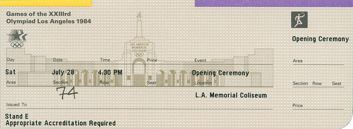 Eintrittskarten XXIIIrd Olympiad Los Angeles 1984. 28.Juli. Opening ceremony. 16x7 cm.