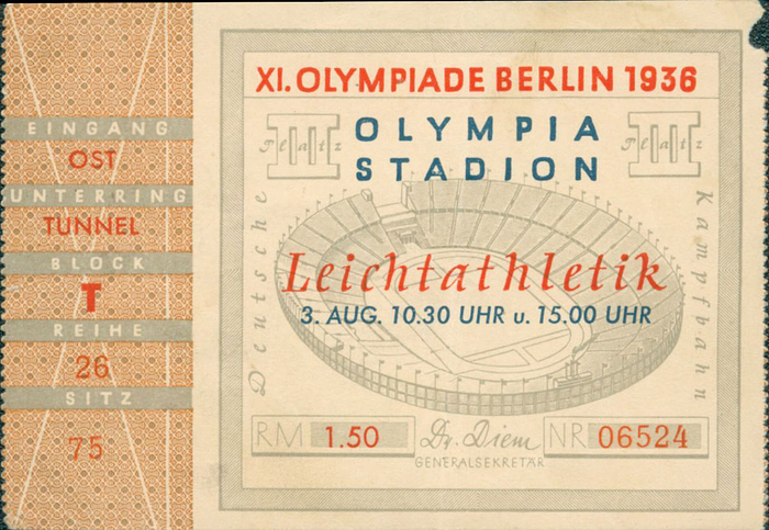 Leichtathletik 3.8.1936 für 10.30 und 15.00 Uhr. Mit Halbfinale und Finale 100 m mit Jesse Owens. Offizielle Eintrittkarte der Olympischen Spiele Berlin 1936, 10x6 cm.