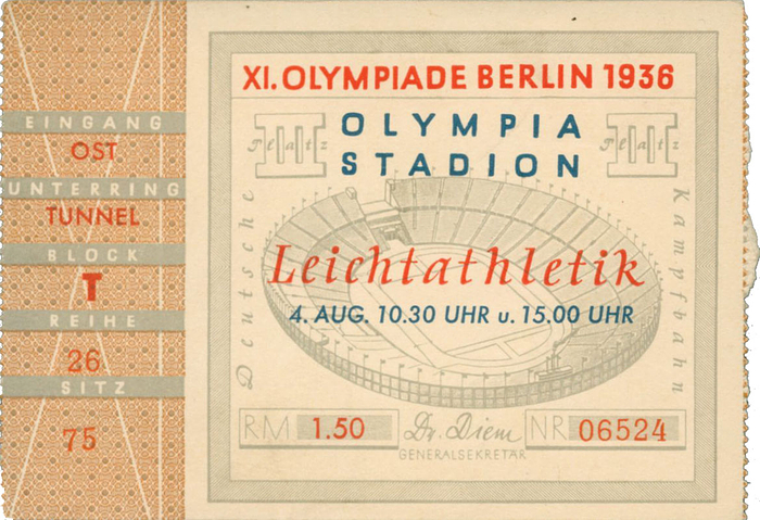 Leichtathletik 4.8.1936 für 10.30 und 15.00 Uhr. Mit Weitsprung Finale mit Jesse Owens. Offizielle Eintrittkarte der Olympischen Spiele Berlin 1936, 10x6 cm.