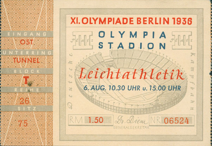 6. August, Leichtathletik, Olympia Stadion, Stehplatz 4.- RM. 10x7cm.