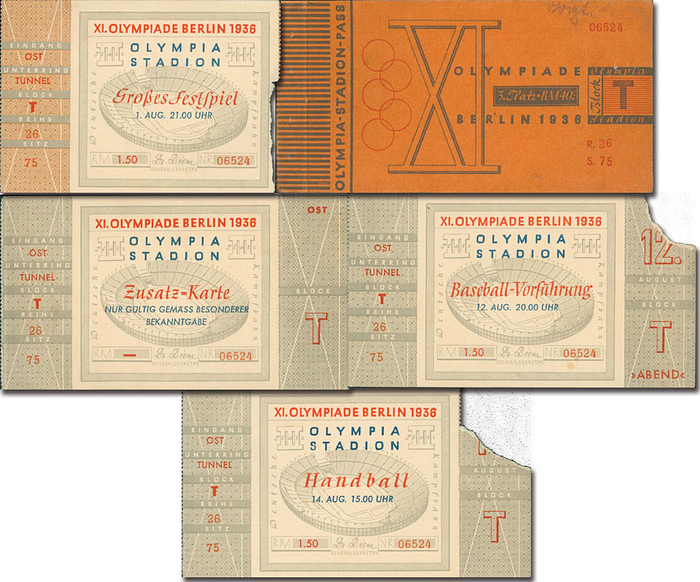 Dauerkarte. Olympia-Stadion-Pass "No. 6524". Stammheft  mit 4 Eintrittskarten!!!!. Olympia-Stadion. Für verscheidene Veranstaltungen im Olympia-Stadion vom 1.8.-16.8.1936. 13,5x7 cm.