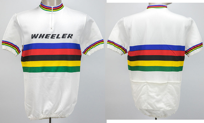 Original Radsport Trikot für einen deutschen Weltmeister 1999 in der 4000 m Teamverfolgung. Regenbogentrikot mit der Werbeaufschrift "Wheeler". Status:ABC.