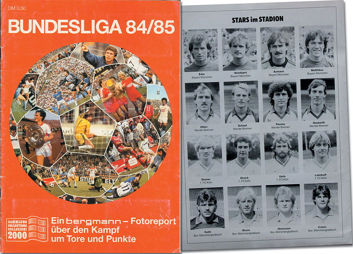 Bundesliga 84/85. Seltene Variante mit den eingedruckten Spielerproträts auf der Umschlaginnenseite 2 + 3.