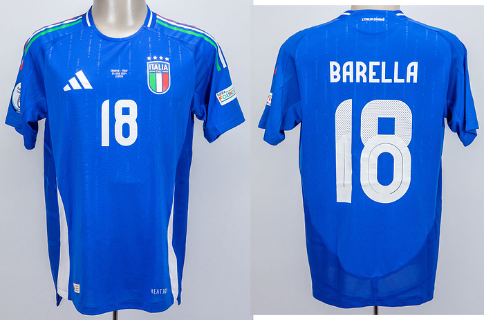 Original match-worn/issued shirt Italy with the number 18. Worn by Nicolo Barella on June 24, 2024, in the European Football Championship group match against Croatia. Croatia - Italy 1:1. Barella is the 2021 European Football Champion. Status: AAC --Short-sleeved jersey; size M; rubberized association logo, 4 World Cup stars, adidas logo and match details; rubberized player name and number (front and back); rubberized 'L'Italia Chiamo' lettering on the back of the collar; with UEFA European Champions 2020 trophy patch and UEFA Foundation for children patch; adidas Heat.Rdy. Condition: A