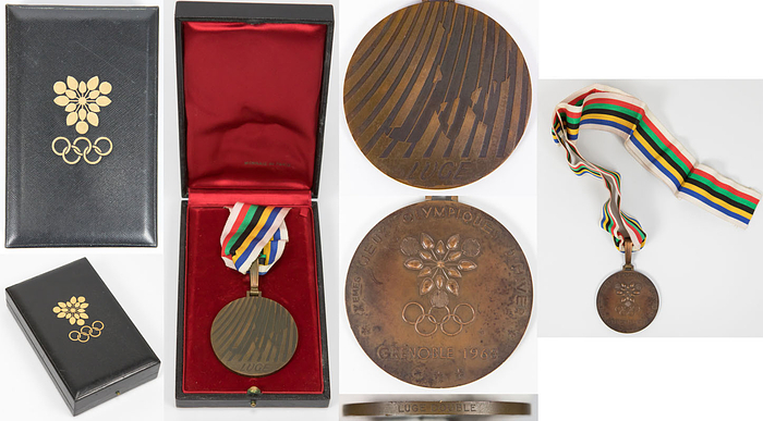 Olympische Winterspiele 1968 Grenoble. Siegermedaille für den 3. Platz im Rodeln Doppelsitzer Herren für die BR Deutschland bei den Olympischen Winterspielen Grenoble 1968. Mit Randgravur "Luge Double". Bronze (Gewicht 116 Gramm), 6 cm mit Seidenband im Originaletui.