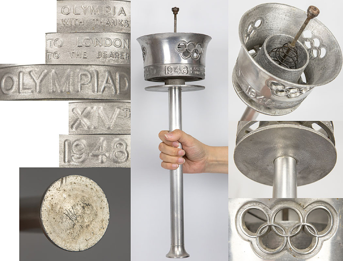 Offizielle Olympiafackel von den 14. Olympischen Sommerspielen 1948 in London aus Aluminium mit Inschrift "XIVth Olympiad 1948. Olympia to London with Thanks to the Bearer", 41 cm.