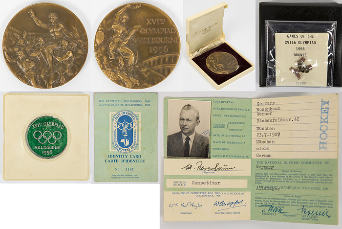 Bronzemedaille für einen 3.Platz im Hockey bei den Olympischen Sommerspielen Melbourne 1956 für Deutschland von Werner Rosenbaum (1927-2008). Bronze, Gewicht: 64 Gramm, 5 cm. In original Kunststoffbox des Herstellers: "K.G.Luke Ltd" 7,5x7,5 x2 cm. Dabei: Original Olympiaausweis von Rosenbaum mit original Signatzr und Passfoto, 4 Seiten, Karton, 11x8 cm. Außerdem: IOC Siegerpin fü die Bronzemedaille mi der Nr. 14286. 1,5x1,3 cm. In original Verpackung.