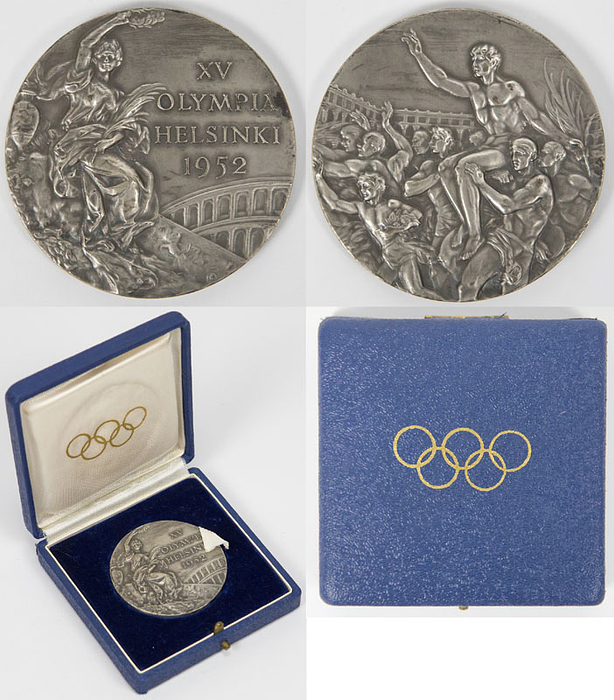 Siegermedaille für den 2.Platz bei den Olympischen Sommerspielen Helsinki 1952. Silber (70 Gramm), 5,2 cm im Originaletui.