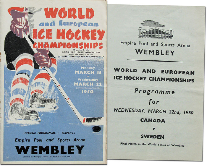 Official Programm World and European Ice Hockey Championships 1950 Wembley. Daily Match Programm Canada v Sweden 22nd march 1950.