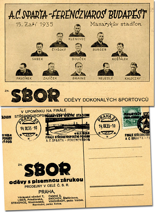 Offizielle Postkarte vom Endspiel um den Mitropacup 1935 Sparta Prag - Ferenczvaros Budapest am 15.9.1935 in Prag mit den Porträts der Spieler von Sparta. Rückseite mit Sonderstempel zu diesem Endspiel das Sparte gewann (3:0/1:2), 15x10,5 cm.