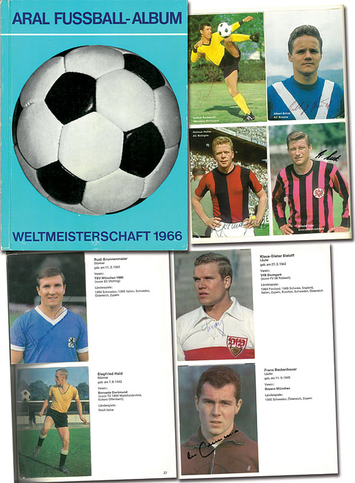 Weltmeisterschaft 1966. Mit 30 signierten Karten (Schön, Tilkowski, Bernard, Manglitz, Schnellinger, Lorenz, Piontek, Höttges, Schulz, Weber, Sieloff, Beckenbauer, Held, Ulsaß, Konietzka,  Seeler, Netzer, Grosser, Krämer, Szymaniak, Nafziger, Overath, Heiß, Hornig, Lutz; Brunnemeier, Emmerich, Haller, Brülls, Rivera).