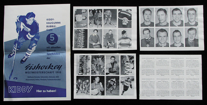 32 verschiedene Sammelbilder der Firma Kiddy "Eishockey Weltmeisterschaft 1955" auf vier Druckbögen (komplette Serie).