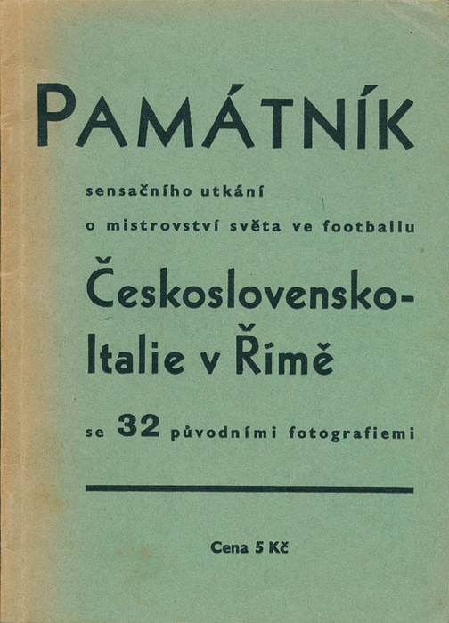 FIFA Football World Cup 1934 Report: A very rare Czech book about the 1934 FIFA World Cup in Italy, featuring 32 photos and all the lineups. A very fine copy! The cover has a slight light stain. 64 pages, 16x11 cm, cardboard, 32 black and white photos, Prague 1934. Condition: B