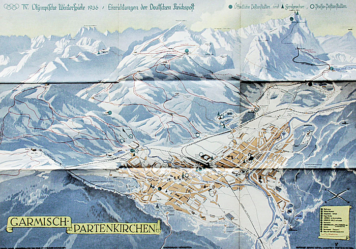 Vierfarbiges lithgraphisches Plakat „IV.Olympische Winterspiele 1936. Einrichtungen der Deutschen Reichspost“ Garmisch aus der Vogelperspektive mit den Olympischen Sportstätten und Fernsprech-und Poststellen. 60x42 cm.