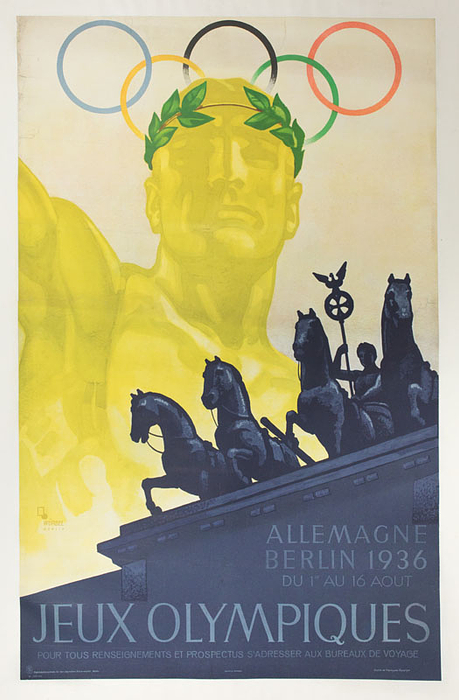 „Jeux Olympiques Allemagne Berlin 1936 du 1 au 16 Aout“. Vierfarbiges offizielles Werbeplakat für die Olympischen Spiele 1936 in Berlin nach einem Entwurf von Würbel. Französische Ausgabe. 101x63cm.