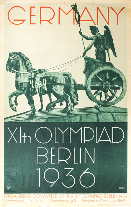 „Germany XIth  Olympiad Berlin 1936“ Mehrfarbiges, offizielles Werbeplakat in englischer Sprache für die Olympischen Spiele 1936 in Berlin. Entwurf: Krauss/Dzubas 100x64 cm.