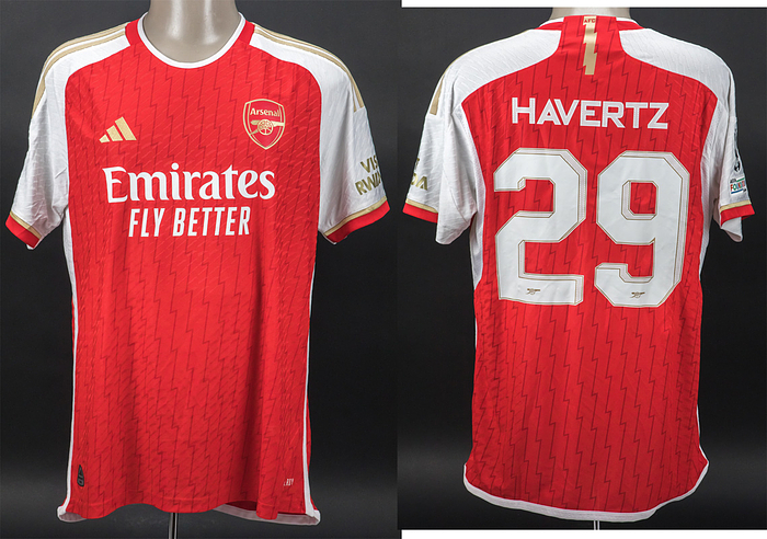 Original match worn Spielertrikot von Arsenal London mit der Rückennummer 29. Getragen von Kai Havertz am 09.04.2024 im Champions League Viertelfinal Hinspiel gegen den FC Bayern München. Arsenal London - Bayern 2:2. Havertz ist 54-facher Nationalspieler von Deutschland. Status:AAB.