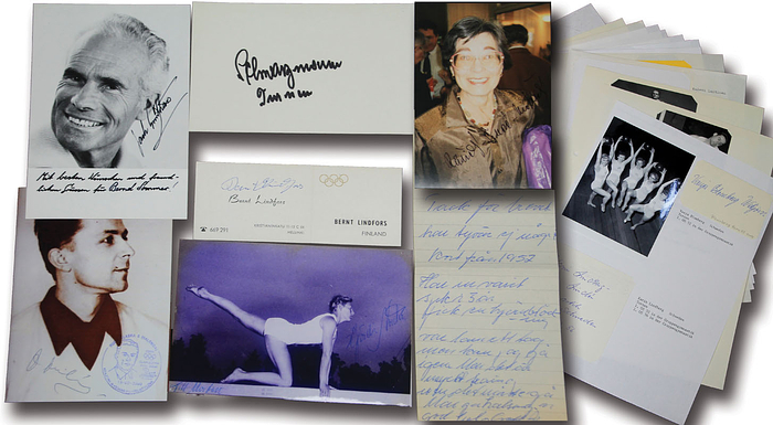 34 original Signaturen Olympische Spiele 1952 von Medaillengewinner im Turnen (Männer + Frauen). 15x10 bis 6x4 cm.