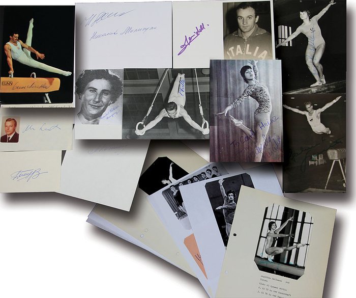 64 verschiedene original Autographen von Medaillengewinner im Turnen von den Olympischen Spielen 1956 - 1972. Fotos, Autogrammkarten, Reprofotos und Blancobelege, 21x15 bis 4x2 cm.