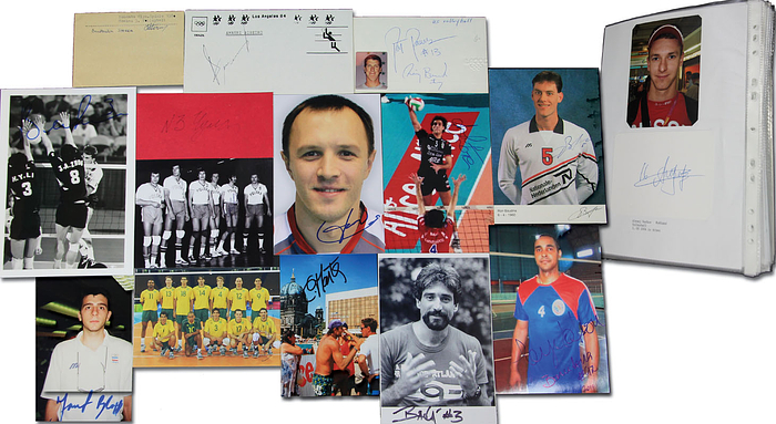 175 Autogrammbelege vom Volleyball Herren von den Olympischen Spielen 1972 - 2004.  Fotos, Autogrammkarten, Reprofotos, Blancobelege. 15x10 cm bis 8x6 cm.