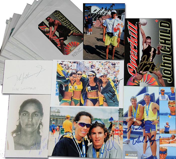 31 original Signaturen von Medaillengewinner Beachvolleyball Herren und Frauen bei den Olympischen Spielen 1996 - 2004. Fotos, Reprofotos, Blancobelege, 15x10 cm bis 8x6 cm.