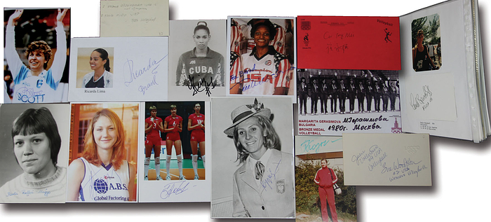 158 Autogrammbelege vom Volleyball Frauen von den Olympischen Spielen 1964 - 2008.  Fotos, Autogrammkarten, Reprofotos, Blancobelege. 15x10 cm bis 8x6 cm.