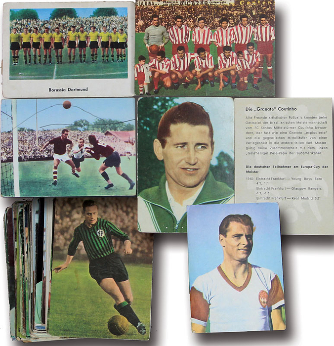 66 Einzelbilder „aus verschiedenen Serien der Firma Heinerle von 1959-1964. Alles 118 Fußballbilder, Karton 6,6x8,7cm.