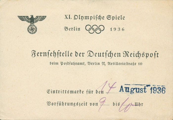 Fernsehstelle der Deutschen Richspost beim Postfuhramt Berlin, Artellierstraße10. Eintrittsmarke für den 14.8.1936 von 9 bis 10.00 Uhr. Offizielles Ticket von den Olympischen Spielen Berlin 1936, 10,5x7,5 cm.