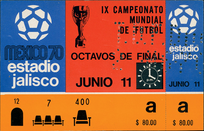 Gruppenspiel: England - CSSR im Estadio Jalisco am 11. Juni 1970, Fußball-Weltmeisterschaft 1970. 16x10 cm Komplettes Ticket.