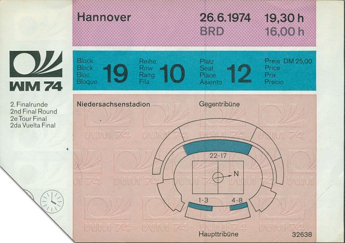 2. Finalrunde am 26. Juni 1974: Brasilien - DDR im Niedersachsenstadion Hannover. 15x10,5 cm.