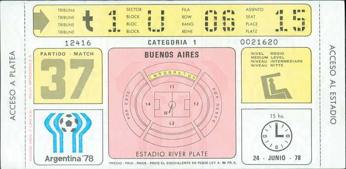 Spiel um den dritten Platz: Brasilien - Italien (2:1) im Estadio River Plate am 24. Juni 1978. 20x10 cm. Komplettes Ticket!.