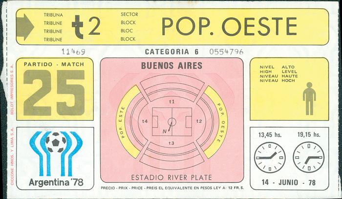 2. Finalrunde: Deutschland - Italien im Buenos Aires. Estadio River Plate am 14. Juni 1978. Sitzplatz. Fußball - Weltmeisterschaft 1978,17x10 cm.