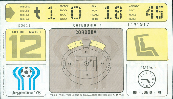 Gruppenspiel: Deutschland - Mexiko am 6. Juni 1978 im Cordoba-Stadion. Sitzplatz. 17x10 cm.
