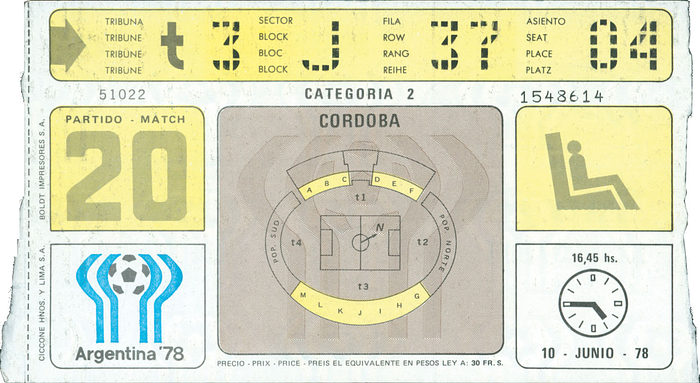 Tuniesien - Deutschland in Cordoba am 10. Juni 1978. Eintrittskarte Fußball - Weltmeisterschaft 1978, 17x10 cm.