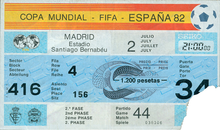 Eintrittskarte Copa Mundial - FIFA - Espana 82. Deutschland - Spanien (2:1). 2.7.1982 in Madrid. 15x9cm.