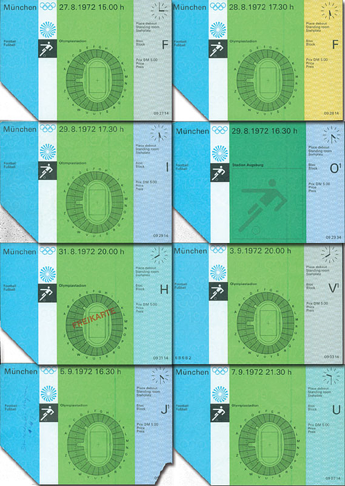 8 Karten vom Fußballturnier der Olympischen Spiele München 1972 alle Olympiastadion: 7.9. DDR - BRD; 5.9. BRD - Ungarn; 31.8. BRD - USA; 29.08. Dänemark - Iran; 29.8. Ungarn - Brasilien; 28.8. DDR - Ghana; 27.08. BRD - Malaysia. Je 15x10,5 cm.