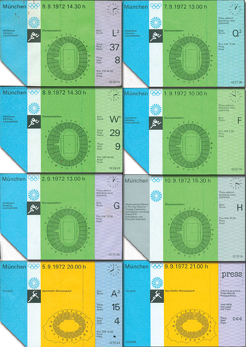 8 verschiedene Eintrittskarten Olympische Spiele 1972 München.  (Schlußfeier; 5xLeichtathletik; 2x Handball). Je 15x10,5cm.