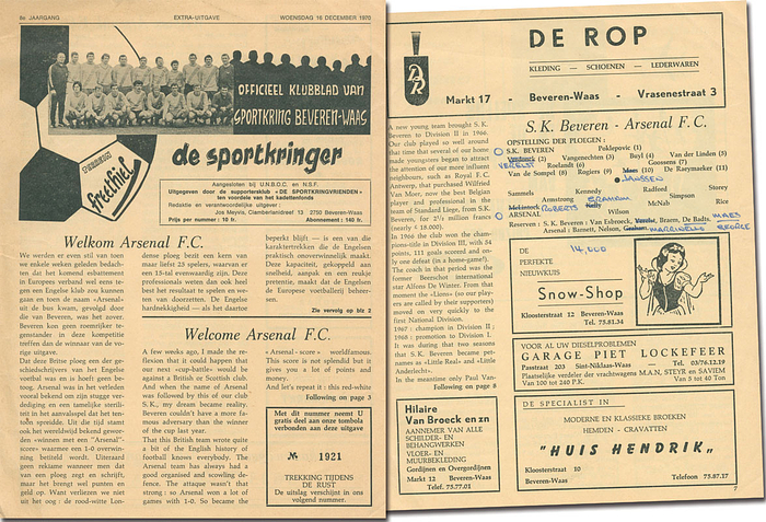 Offizielles Fußball Programm Europapokal SK Beveren v Arsenal London. 16.12.1970 in Beveren (Belgien).