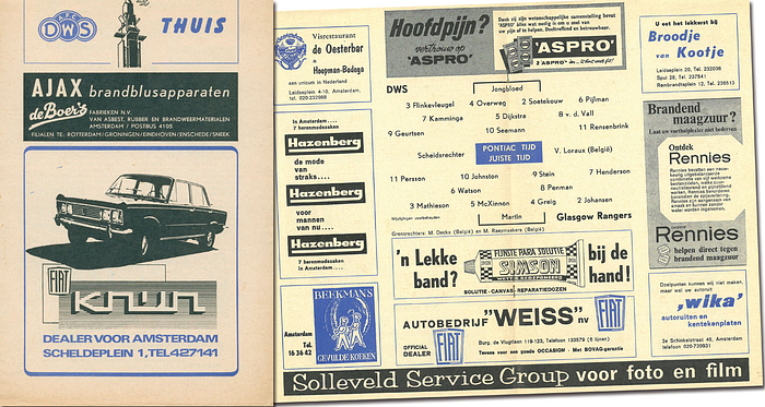 Offizielles Fußball Programm Europapokal DWS Amsterdam v Glasgow Rangers. 15.01.1969 in Amsterdam.