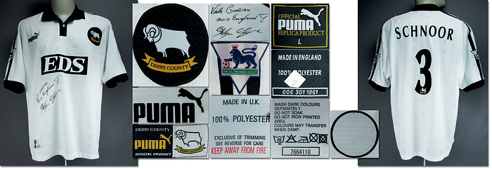 Original match worn Spielertrikot vom Derby County FC mit der Rückennummer 3. Getragen von Stefan Schnoor in einem Spiel der englischen Premier Legue in der Saison 1998/1999. Mit Widmung und Autograph von Schnoor auf der Vorderseite. Status:ABC.