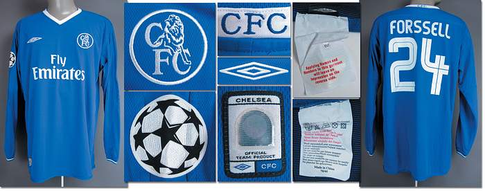 Original match worn Spielertrikot vom FC Chelsea mit der Rückennummer 24. Getragen von Mikael Forsell am 6.04.2005 im UEFA Champions League Viertelfinale gegen den FC Bayern München. Chelsea - Bayern 4:2. Tauschtrikot. Status:AAB.