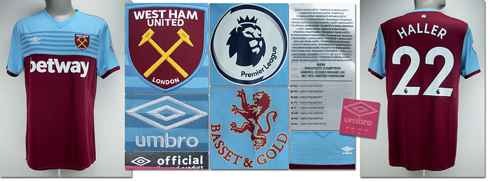 Original match worn Spielertrikot von West Ham United mit der Rückennummer 22. Getragen von Sébastien Haller in einem Spiel der Premier League in der Saison 2019/2020. Haller ist 6-facher Nationalspieler von der Elfenbeinküste. Status:ABB.