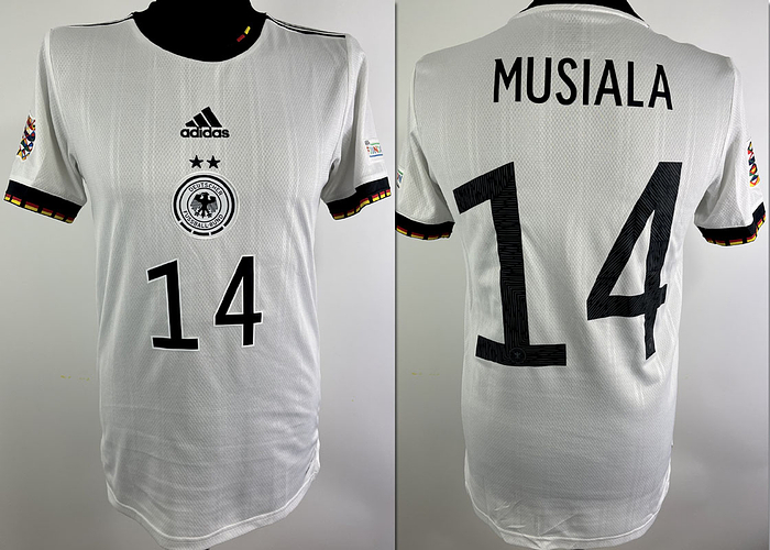 Original match worn / issued  DFB Spielertrikot mit der Nummer 14. Getragen von Jamal Musiala im Nations-League Spiel gegen England am 07.06.2022 in München. Status: AAB.
