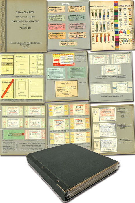 Original Kartenbuch der Kartenstelle der Olympischen Spiele Berlin 1936. Sammelmappe der ausgegebenen Eintrittskarten, Ausweise und Abzeichen. Organisationskomitee für die XI. Olympiade Berlin 1936 e. V. Kartenstelle.